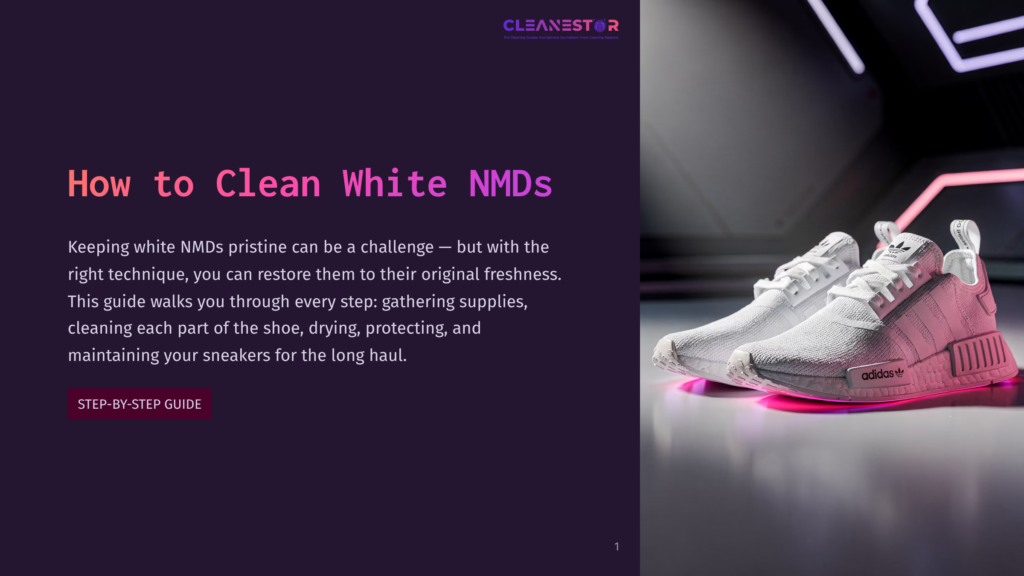 Two Pristine White Adidas Nmd Sneakers Sit On A Reflective Surface, Illuminated By Vibrant Pink And Purple Neon Lights. The Left Shoe Is Slightly Angled, Showcasing Its Clean Design And The Iconic Adidas Branding.