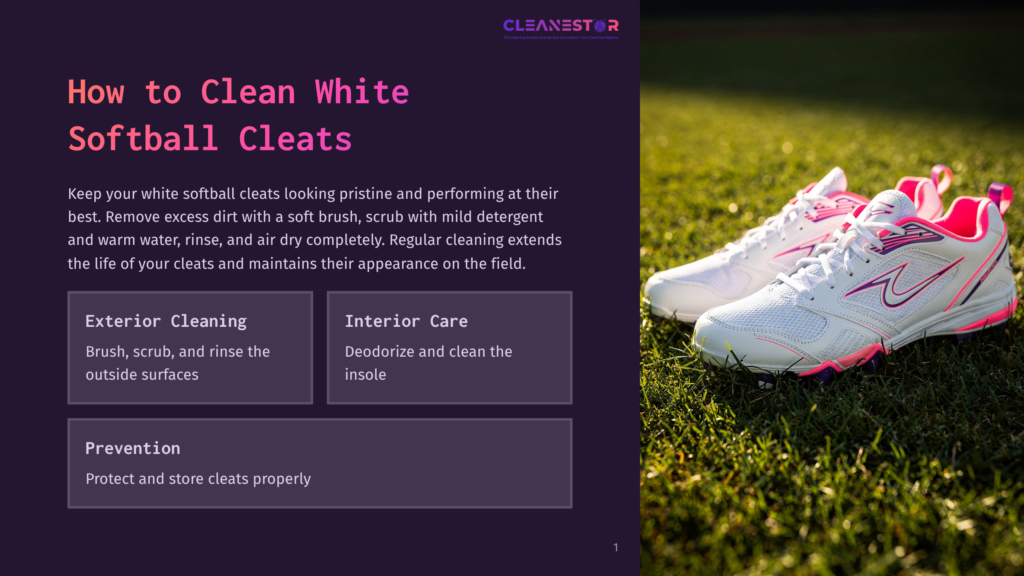 1 How To Clean White Softball Cleats White And Pink Softball Cleats Sit On Green Grass, With Text Overlay &Quot;How To Clean White Softball Cleats&Quot;.
