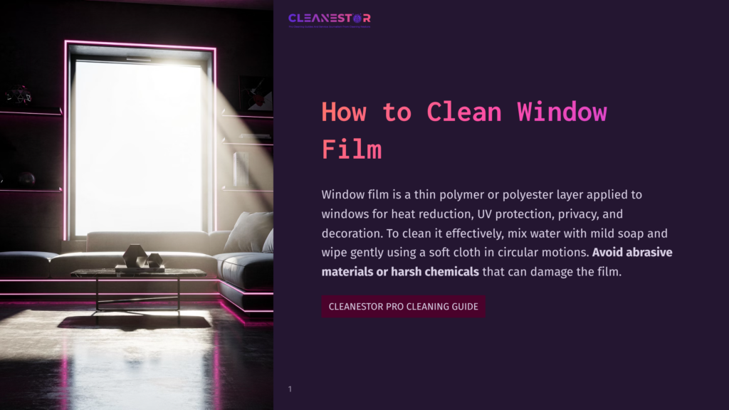 1 How To Clean Window Film Cleanestor Pro Cleaning Guide: How To Clean Window Film. Sunlight Streams Through A Window With Neon Pink Trim, Illuminating A Modern Living Room With A Couch And Coffee Table.