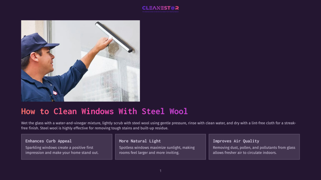 A Man In A Blue Uniform Uses A Squeegee To Clean A Large Window From The Outside, Leaving A Streak-Free Finish. The Text &Quot;How To Clean Windows With Steel Wool&Quot; Is Visible.