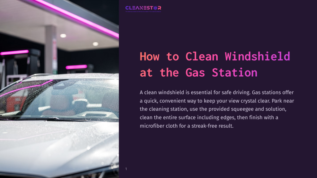A White Car Windshield Is Covered In Water Droplets At A Gas Station, With The &Quot;Cleanestor&Quot; Logo Visible On A Purple Background. The Text &Quot;How To Clean Windshield At The Gas Station&Quot; Is Prominently Displayed.