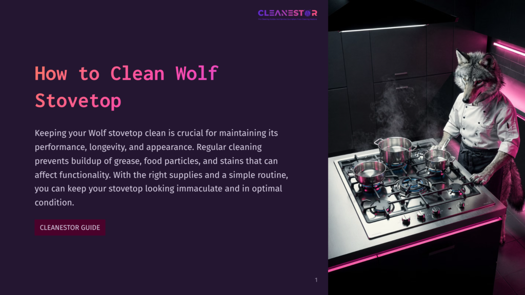 A Wolf Chef In A White Apron And Hat Stands In Front Of A Modern Stovetop, Preparing Food. The Stove Has A Sleek Design With Pink Led Lights, And Various Pots And Pans Are Placed On The Burners. A Clean And Professional Kitchen Setting.