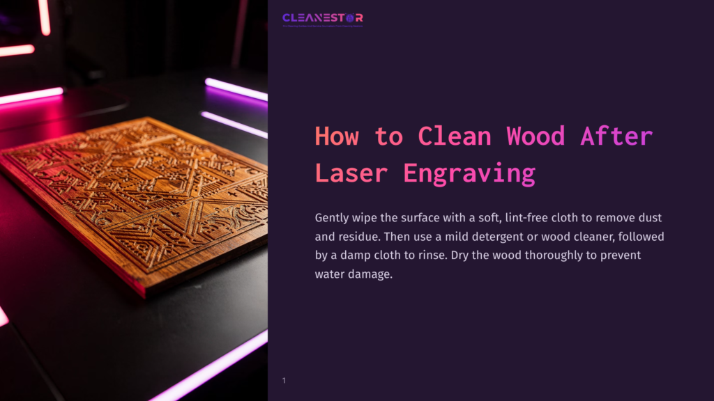 Close-Up Of A Detailed Wood Carving With Intricate Geometric Patterns, Illuminated By Vibrant Pink And Purple Neon Lights. Text Overlay Reads &Quot;How To Clean Wood After Laser Engraving.