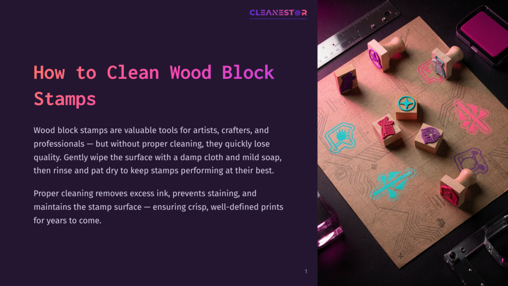 A Collection Of Wood Block Stamps With Colorful Ink Impressions On A Textured Paper, Alongside Cleaning Supplies And A Ruler. Text Overlay Reads &Quot;How To Clean Wood Block Stamps.