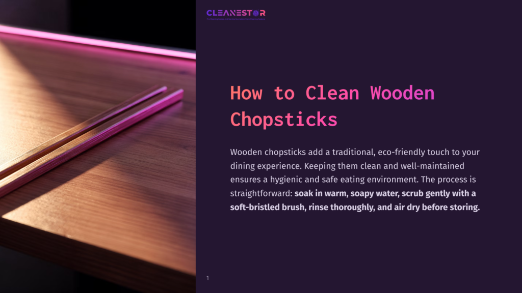 Cleanestor Logo Above A Guide On How To Clean Wooden Chopsticks, Featuring A Close-Up Of Two Wooden Chopsticks Resting On A Polished Wooden Surface.