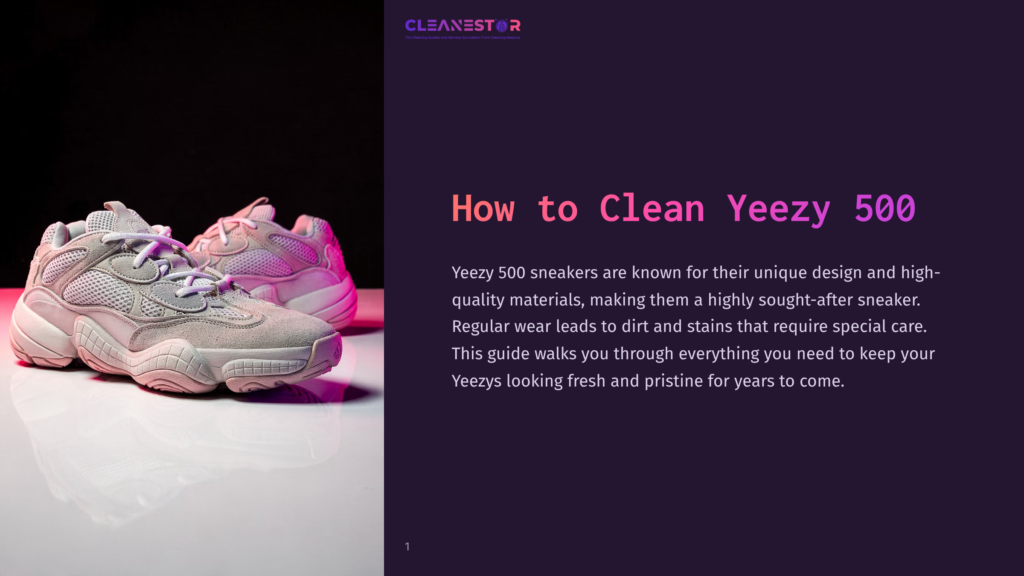 A Pair Of Yeezy 500 Sneakers, One In Light Pink And The Other In Gray, Displayed On A Reflective Surface With A Dark Background. Text Overlay Reads, &Quot;How To Clean Yeezy 500.