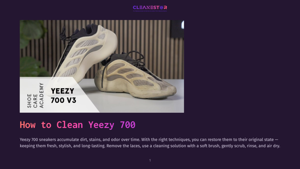 A Pair Of Yeezy 700 V3 Sneakers, One Clean And One Dirty, Are Displayed With The Text &Quot;Shoe Care Academy Yeezy 700 V3&Quot; On A Purple Background.