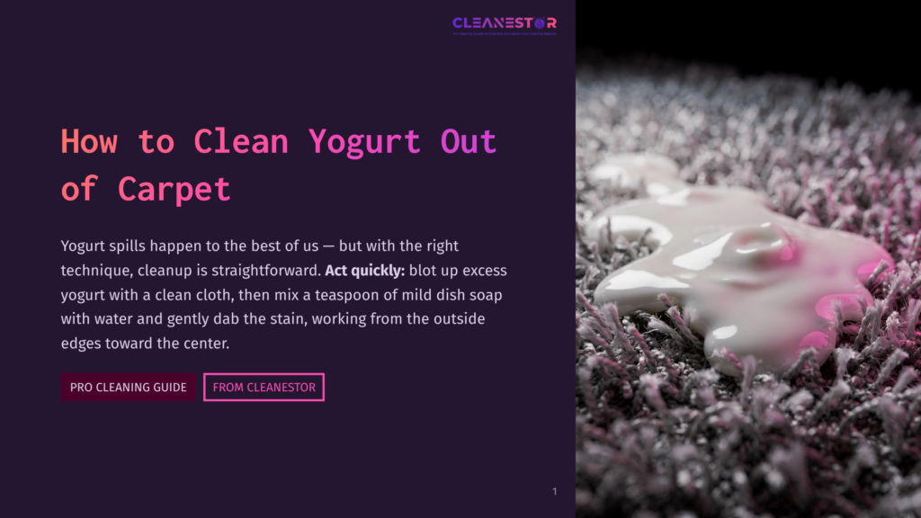 1 How To Clean Yogurt Out Of Carpet 1 Close-Up Of A White Yogurt Spill On A Dark, Textured Carpet. The Yogurt Is Thick And Glossy, With Bright Pink And Purple Lighting Reflecting Off Its Surface And The Carpet Fibers, Hinting At A Cleaning Guide.