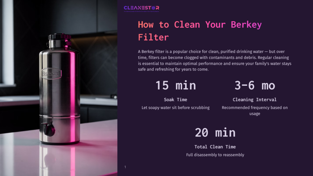 1 How To Clean Your Berkey Filter A Stainless Steel Berkey Water Filter With A Black Lid On A Pink Countertop, Showcasing The Recommended Cleaning Interval Of 3-6 Months And Total Clean Time Of 20 Minutes.