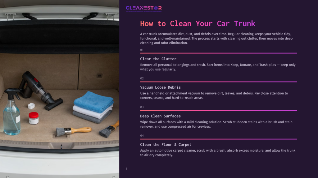 Inside A Car Trunk, Cleaning Supplies Like A Spray Bottle, Microfiber Towels, And Brushes Are Neatly Arranged Next To A Handheld Vacuum Cleaner, Ready For A Deep Clean.