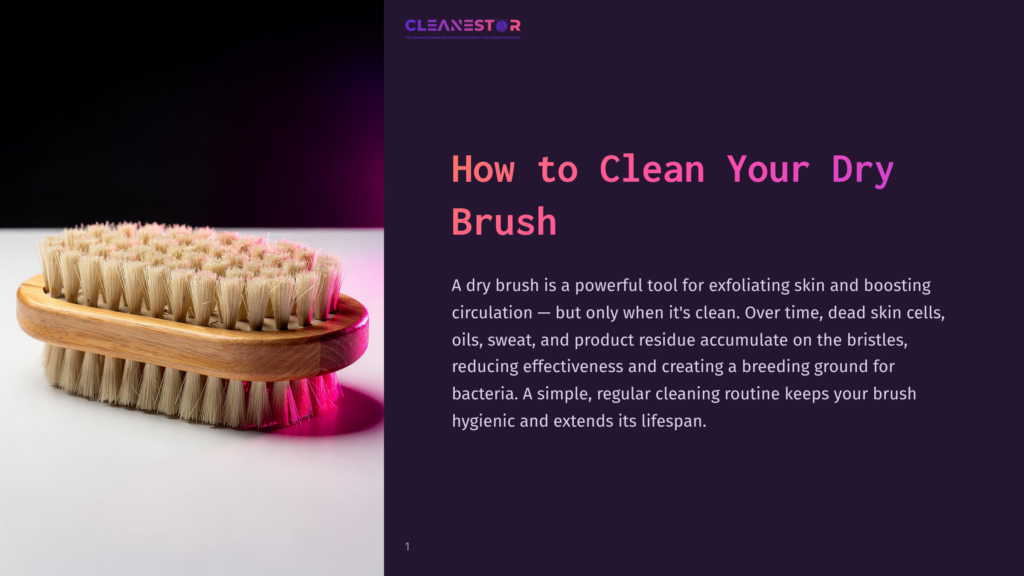 A Natural Bristle Dry Brush With A Wooden Handle Rests On A Dark Surface, Illuminated By A Pink Glow.