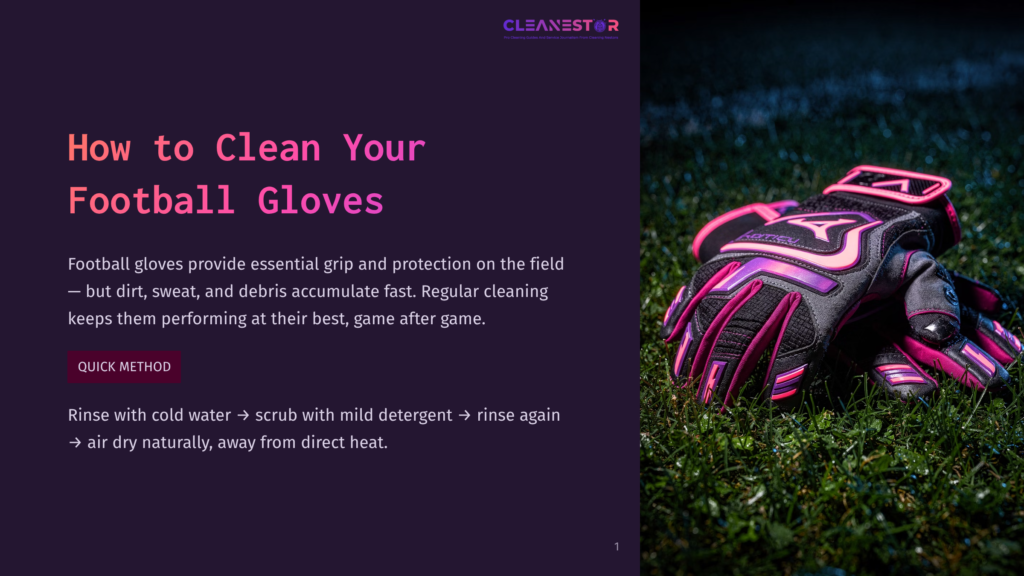 Close-Up Of A Pair Of Black And Pink Goalkeeper Gloves Resting On Lush Green Grass, With The Text &Quot;Cleanestor&Quot; And &Quot;How To Clean Your Football Gloves&Quot; Visible On The Left.