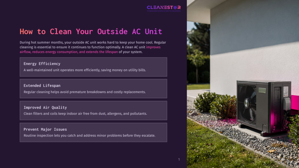 1 How To Clean Your Outside Ac Unit A Modern, Black Outdoor Ac Unit Sits On A Concrete Pad In A Landscaped Garden At Dusk, With Soft Pink And Purple Light Illuminating The Scene. The Cleanestor Logo Is Visible In The Top Center.