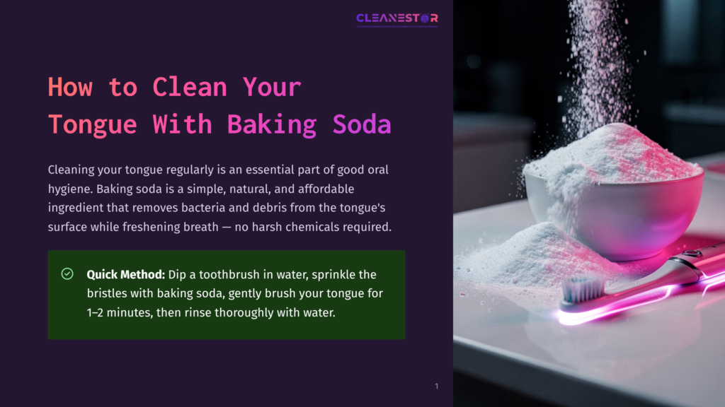1 How To Clean Your Tongue With Baking Soda A Pink Toothbrush With Glowing Lights Sits Next To A White Bowl Overflowing With Baking Soda, With More Baking Soda Being Sprinkled From Above, Suggesting A Method For Cleaning Your Tongue With Baking Soda.