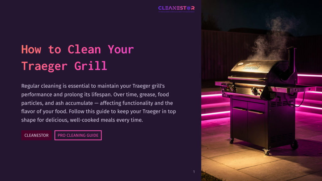 A Traeger Grill Sits On A Patio At Night, Illuminated By Purple Led Lights, With Smoke Rising From Its Chimney. The Text &Quot;How To Clean Your Traeger Grill&Quot; And &Quot;Cleanestor Pro Cleaning Guide&Quot; Is Visible On The Left.