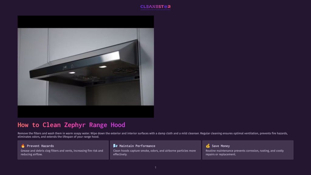 A Stainless Steel Zephyr Range Hood Is Mounted Above A Stovetop, With Its Filters And Lights Visible. Text Reads &Quot;How To Clean Zephyr Range Hood&Quot;.