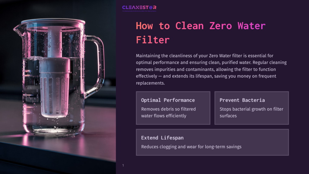 A Clean Zero Water Filter Pitcher Filled With Purified Water, Showcasing The Filter'S Internal Components. Text Overlay Reads &Quot;How To Clean Zero Water Filter&Quot; And &Quot;Cleanestor&Quot;.