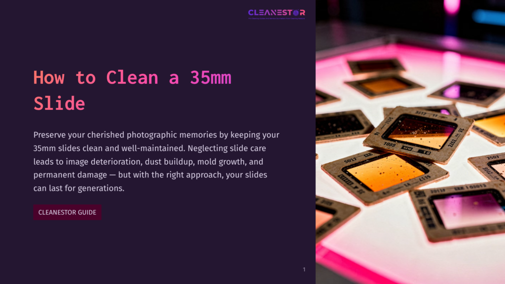 A Close-Up Of Several 35Mm Slides Illuminated With Pink Light, Neatly Arranged On A White Surface, With A Cleanestor Guide Text Visible In The Upper Left Corner.