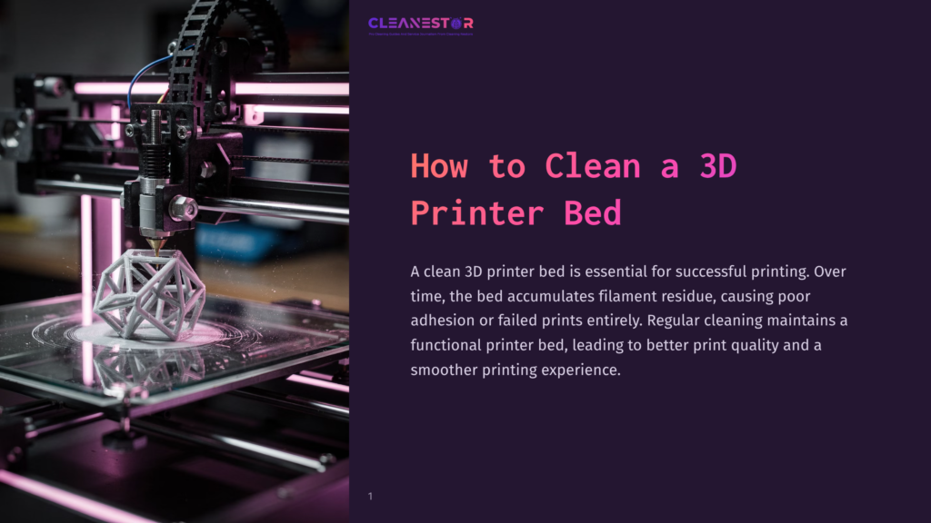 A 3D Printer Nozzle Deposits White Filament Onto A Complex Geometric Print On A Clean, Reflective Print Bed, With The Cleanestor Logo Visible In The Upper Right Corner.