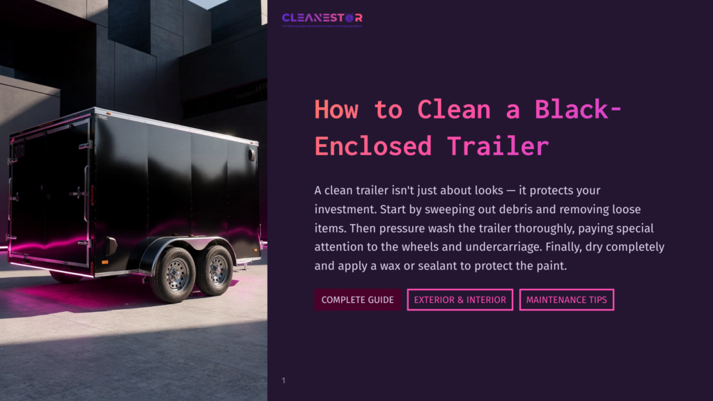 A Glossy Black Enclosed Cargo Trailer With Pink Neon Accents Parked On A Concrete Surface, With The Text &Quot;Cleanestor&Quot; And &Quot;How To Clean A Black-Enclosed Trailer&Quot; Visible.
