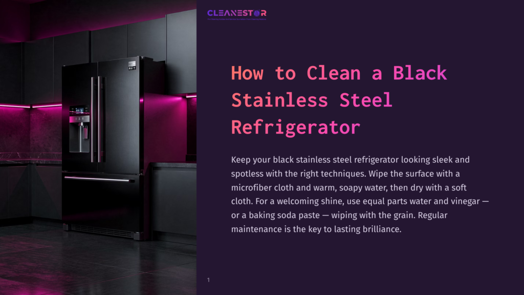 1 How To Clean A Black Stainless Steel Refrigerator A Sleek, Black Stainless Steel Refrigerator Stands In A Modern Kitchen With Dramatic Pink Accent Lighting. The Text &Quot;Cleanestor&Quot; And &Quot;How To Clean A Black Stainless Steel Refrigerator&Quot; Is Visible.
