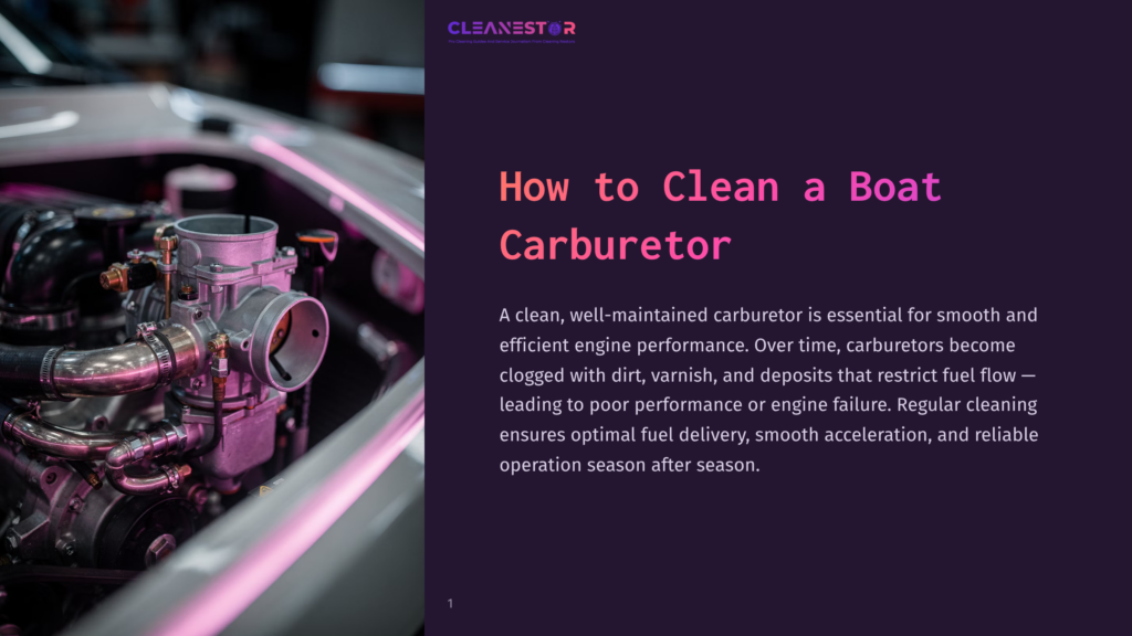 Close-Up Of A Shiny, Silver Boat Carburetor With Intricate Metal Parts And Hoses, Set Against The Blurred Background Of A Car Engine And A Dark Purple Backdrop With The Text &Quot;Cleanestor&Quot; And &Quot;How To Clean A Boat Carburetor&Quot;.