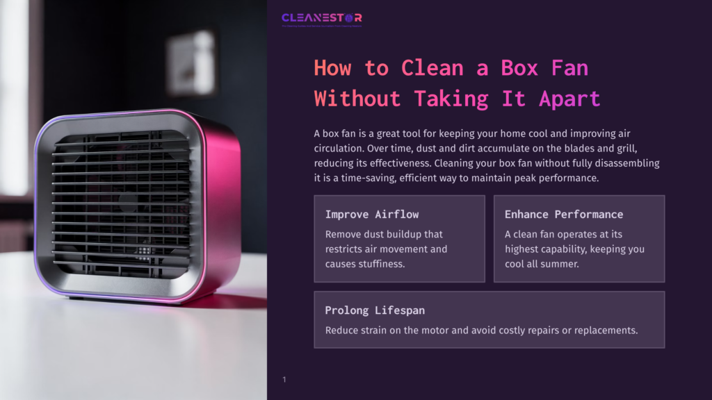 A Modern, Sleek White Box Fan Sits On A Reflective Surface, Illuminated By A Gradient Of Pink And Purple Light, With The Text &Quot;Cleanestor&Quot; And &Quot;How To Clean A Box Fan Without Taking It Apart&Quot; Visible.