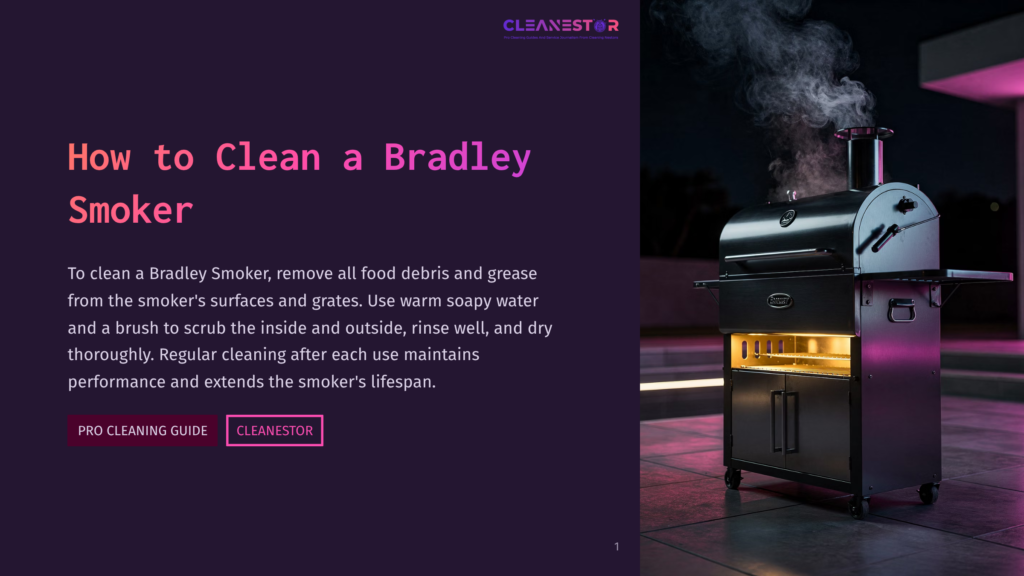 Black Bradley Smoker With An Open Door And Glowing Yellow Interior Lights, Emitting Steam. A Night-Time Setting With Dim Lighting And A Modern Architectural Background.