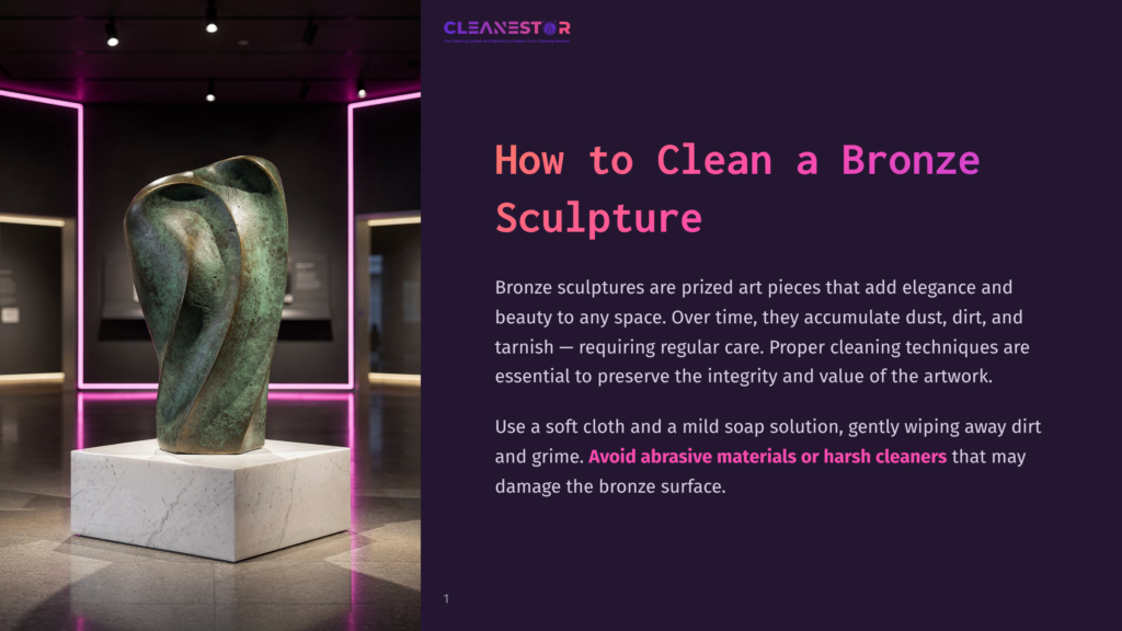 A Striking Abstract Bronze Sculpture With A Green Patina Sits On A White Marble Pedestal In A Dimly Lit Gallery, Illuminated By Pink Neon Lights.
