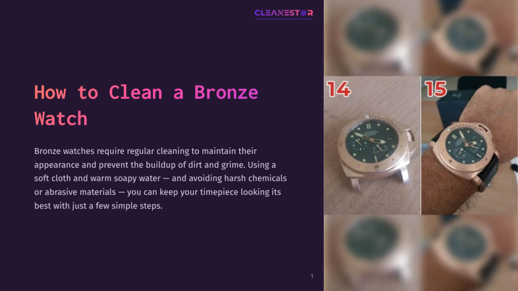 Close-Up Of A Bronze Watch Case With A Green Dial, Showing The Watch Face And Strap. The Image Is Split Into Two Panels, With The Left Showing The Watch From A Slightly Higher Angle And The Right Showing It On A Wrist.