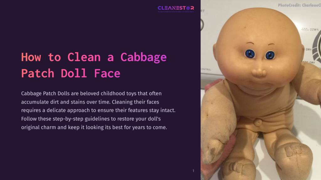 Close-Up Of A Vintage Cabbage Patch Kid Doll&Amp;Apos;S Face, With Its Signature Blue Eyes And Soft Vinyl Skin, Ready For Cleaning. Title Text: &Quot;How To Clean A Cabbage Patch Doll Face&Quot;.
