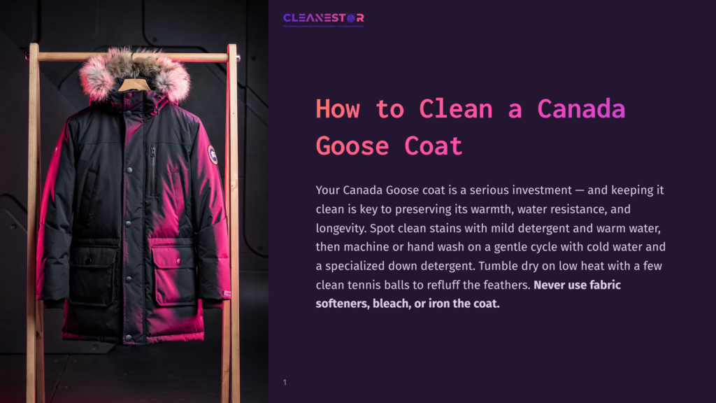 A Canada Goose Coat In Black And Red, With A Pink Fur-Lined Hood, Hangs On A Wooden Garment Rack Against A Dark Background. The Text Reads &Quot;How To Clean A Canada Goose Coat&Quot; With Tips On Cleaning.