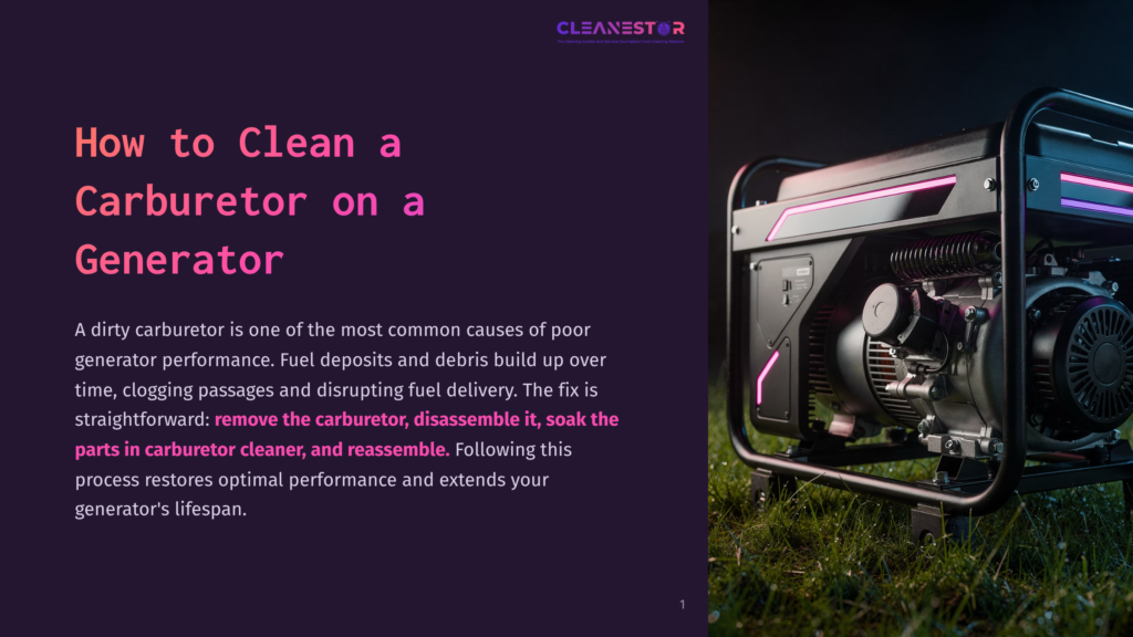 A Generator With A Cleanestor Logo Sits On Grass At Night, Illuminated By Pink And Blue Lights, With Text About Cleaning A Generator Carburetor.