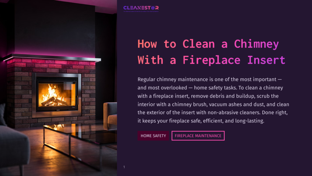 Cleanestor Logo Above A Fireplace Insert With A Fire Burning Inside, Next To Text &Quot;How To Clean A Chimney With A Fireplace Insert&Quot;.