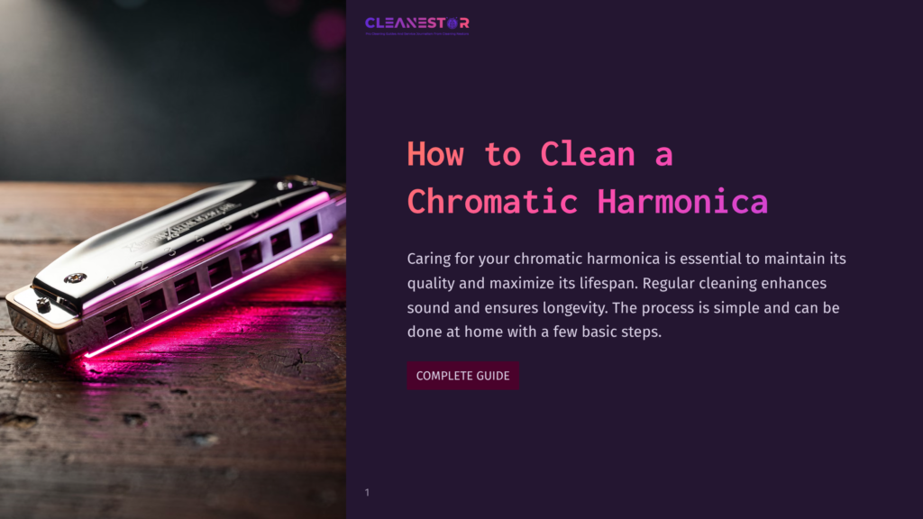 Close-Up Of A Shiny Chrome Chromatic Harmonica With Pink Led Lights Illuminating Its Keys, Resting On A Rustic Wooden Surface. Text Overlay Reads &Quot;How To Clean A Chromatic Harmonica&Quot; And &Quot;Complete Guide&Quot;.