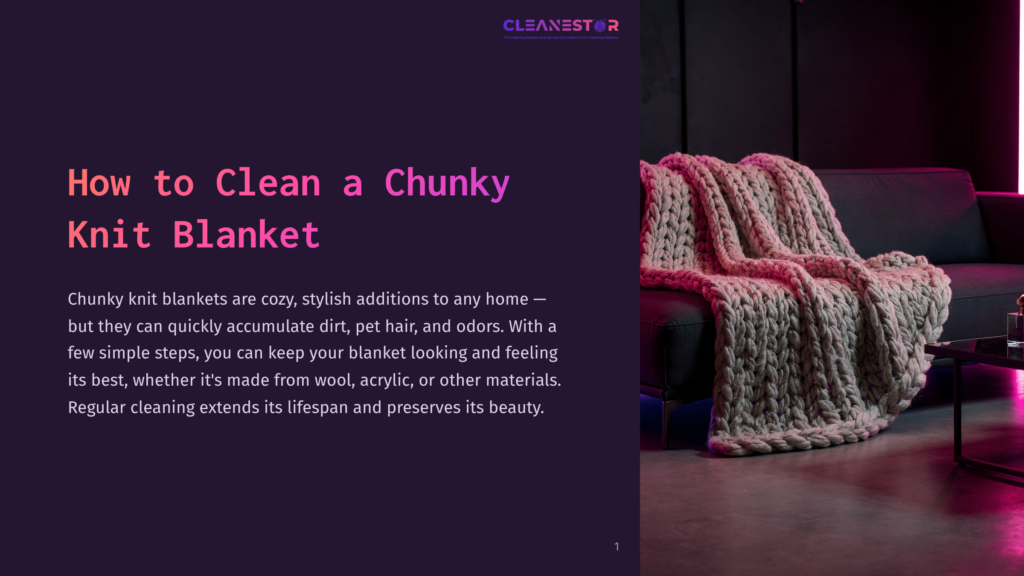 A Chunky Knit Blanket In A Neutral Color Is Draped Over A Dark Sofa In A Modern Living Room, With A Coffee Table In The Foreground. The Text &Quot;Cleanestar&Quot; Is Visible In The Upper Right Corner.