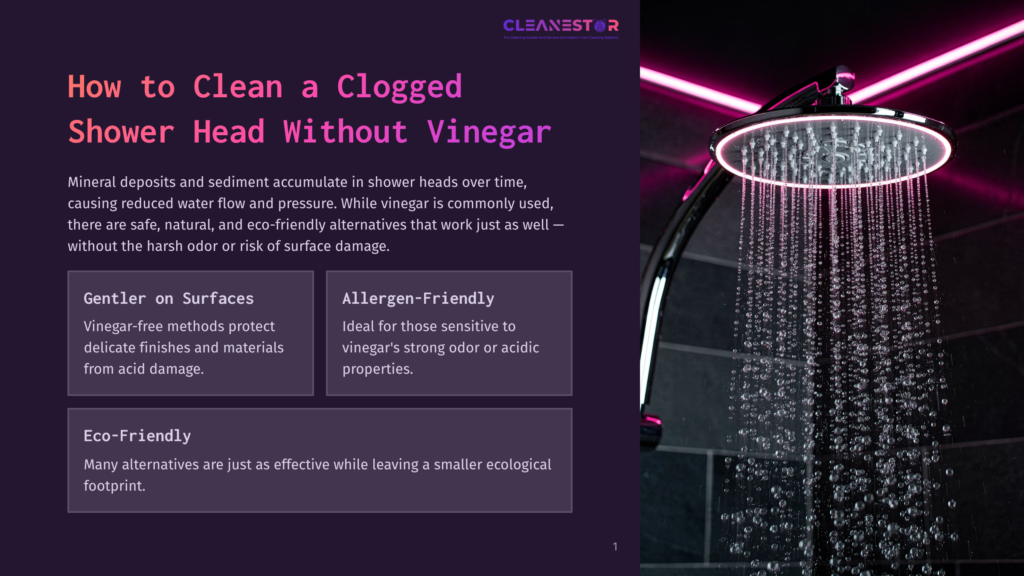 1 How To Clean A Clogged Shower Head Without Vinegar A Modern, Circular Shower Head With Bright Pink Led Lights Emits A Stream Of Water Onto A Tiled Shower Wall. Text Overlay Reads &Quot;Cleanestor&Quot; And &Quot;How To Clean A Clogged Shower Head Without Vinegar&Quot;.