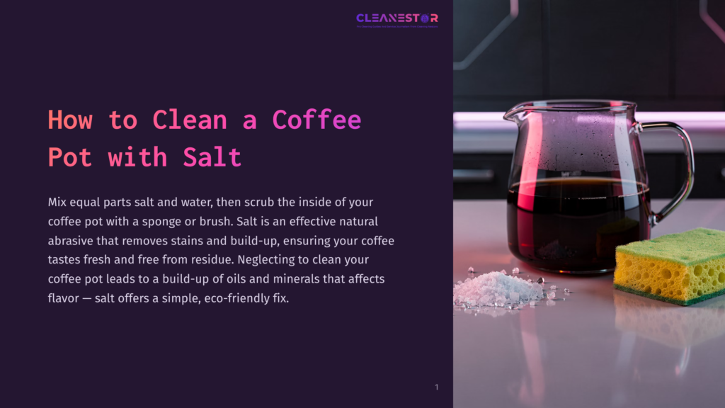 1 How To Clean A Coffee Pot With Salt A Glass Coffee Pot Filled With Dark Coffee Sits Next To A Sponge And A Pile Of Salt, Illustrating How To Clean A Coffee Pot With Salt.