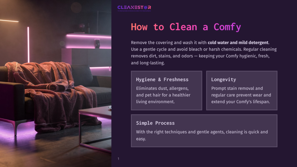 A Cozy Living Room At Night With A Plush Blanket Draped Over A Sofa, Illuminated By Soft Purple And Pink Ambient Lighting. The Text &Quot;Cleanestor&Quot; And &Quot;How To Clean A Comfy&Quot; Is Visible.