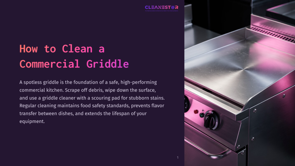 1 How To Clean A Commercial Griddle A Commercial Griddle With A Shiny Stainless Steel Surface Sits On A Black Countertop, Illuminated By Pink And Purple Lighting. The Text &Quot;How To Clean A Commercial Griddle&Quot; Is Overlaid On The Left Side Of The Image.