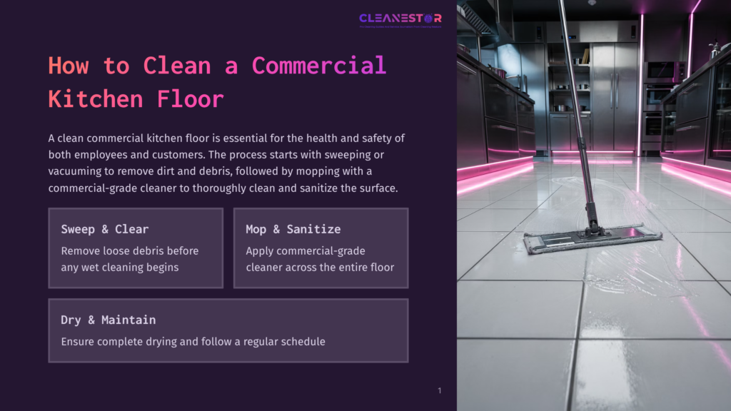 An Infographic Shows The Steps To Clean A Commercial Kitchen Floor, With A Mop And Cleaning Agent, And Pink Lights Illuminating The Scene.