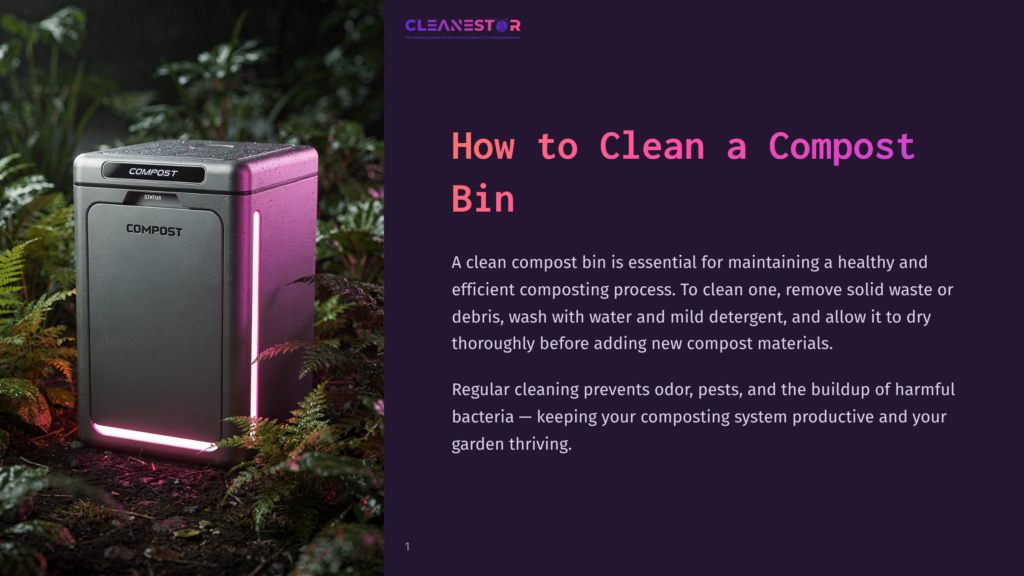 1 How To Clean A Compost Bin A Modern, Sleek Gray Compost Bin With A Glowing Pink Base Sits In A Lush, Green Garden At Night, With The Text &Quot;Cleanestor&Quot; And &Quot;Compost&Quot; Visible On The Bin.