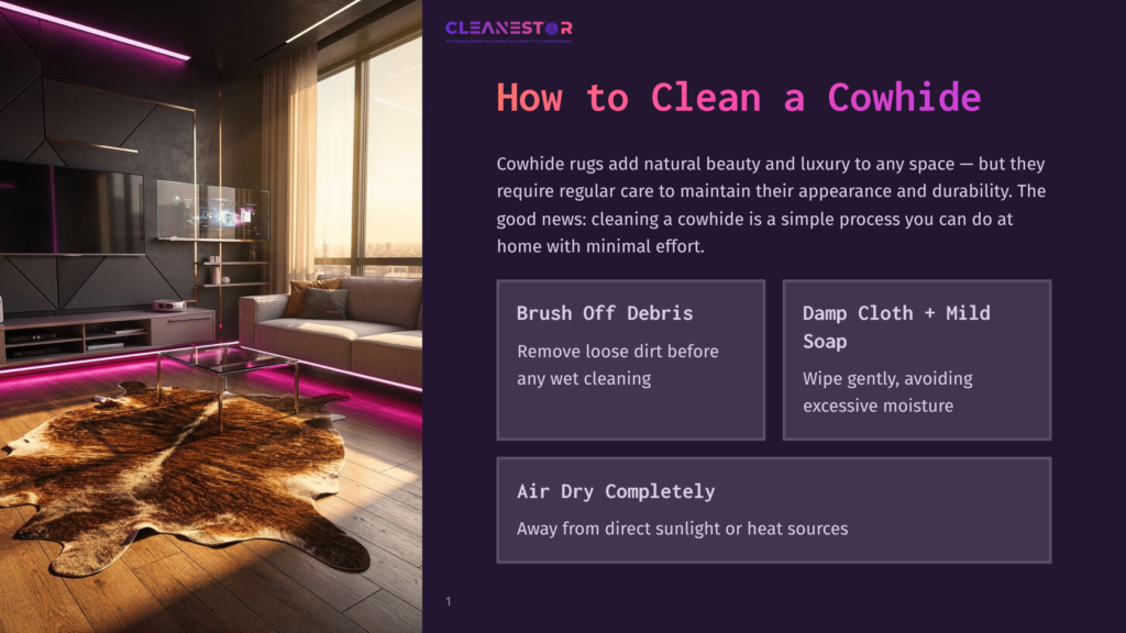 Cowhide Rug Cleaning Guide: A Modern Living Room With A Large Cowhide Rug On A Wooden Floor, A Plush Sofa, And A Large Tv.