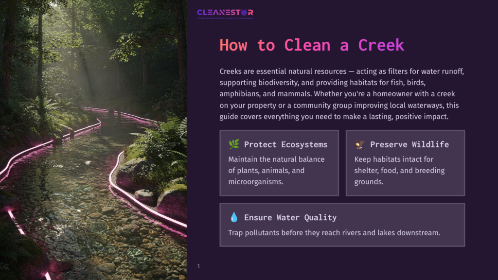 1 How To Clean A Creek A Serene, Sun-Dappled Creek With Glowing Neon Pink Lights Along Its Banks, Illustrating The Concept Of Cleaning And Protecting Local Waterways.