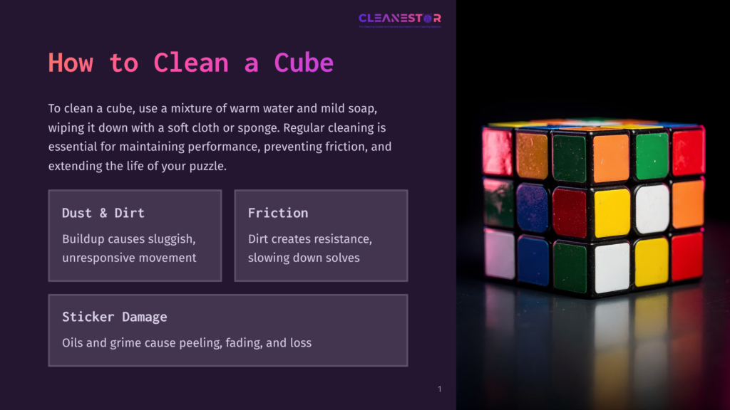 A Colorful Rubik'S Cube Sits On A Reflective Black Surface, With Text Overlay On The Left Detailing How To Clean A Cube And Avoid Dust, Dirt, And Sticker Damage.