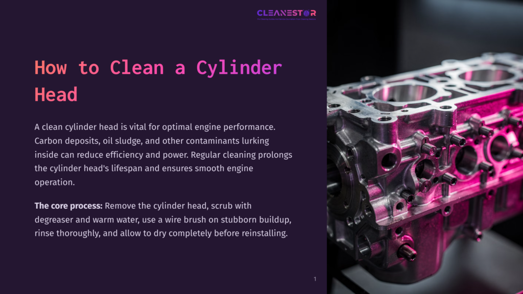 Close-Up Of A Clean Engine Cylinder Head, Gleaming Metal With Pink And Purple Lighting, With Text &Quot;How To Clean A Cylinder Head&Quot; And &Quot;Cleanestor&Quot; Visible.