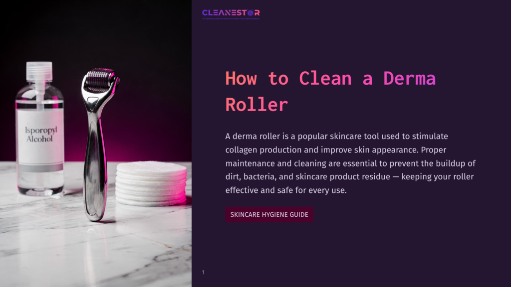 1 How To Clean A Derma Roller A Derma Roller Sits Next To A Bottle Of Isopropyl Alcohol And A Stack Of Cotton Pads, Ready For Cleaning. The Derma Roller Has A Silver Handle And A Roller Head With Fine Needles.
