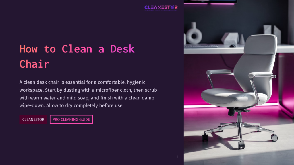 1 How To Clean A Desk Chair A Sleek White Desk Chair With A Polished Metal Base And Armrests Sits In A Modern Office Setting, Illuminated By Pink Led Lighting. The Chair Is Empty, Ready For Use, With A Clean And Professional Look.
