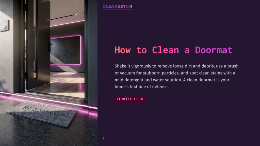 1 How To Clean A Doormat A Modern Entryway With A Gray &Quot;Welcome&Quot; Doormat, Illuminated By Pink Neon Lights. The Text &Quot;How To Clean A Doormat&Quot; And &Quot;Cleanestor&Quot; Is Overlaid On The Right Side Of The Image.