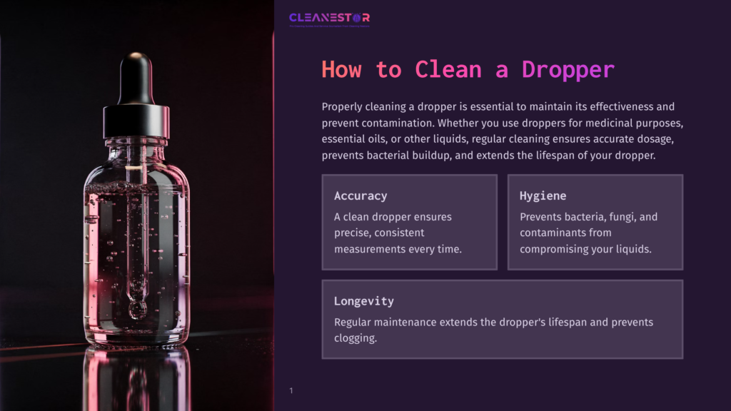A Glass Dropper Bottle With A Black Cap And Rubber Bulb, Filled With A Clear Pink Liquid, Sits On A Dark, Reflective Surface, Advertising How To Clean A Dropper For Accuracy And Hygiene.